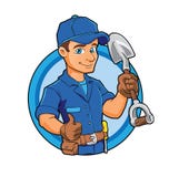 Cartoon plumber holding a big shovel. Stock Photography
