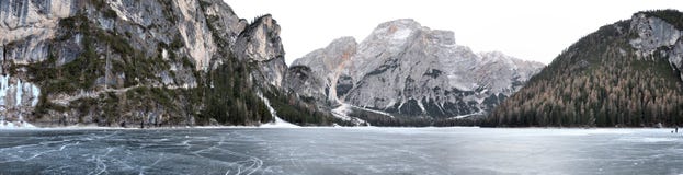 Dolomite Braies lake iced panorama 1 Stock Photo