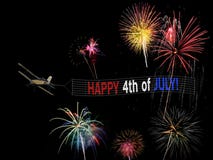 Happy 4th of July banner and plane flying with fireworks display for independence day Royalty Free Stock Photography