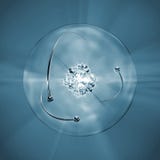  Átomo con el núcleo, la cáscara atómica y los electrones que están en órbita en azul monocromático Fotografía de archivo
