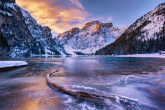 Winter sunrise over Lago di Braies, Dolomites, Italy Stock Image